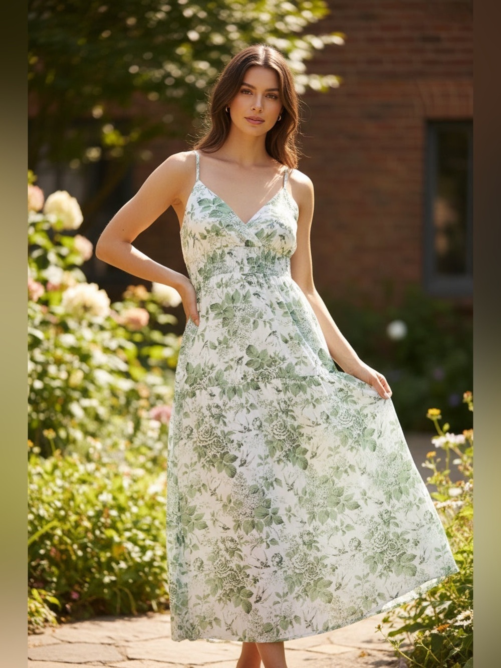 Green Floral Maxi Dress with Smocked Waist